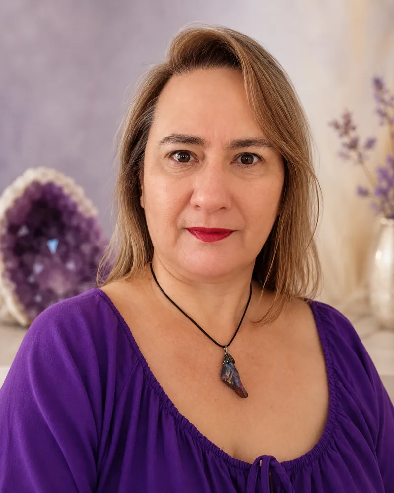 Rosi Talarico, fundadora da Mysticca Essência, em foto de estúdio com blusa roxa e pingente de cristal, ao lado de uma drusa de ametista e lavanda
